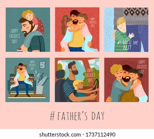 Happy father s day. Set of cute vector illustrations with father and children for a poster, banner and card in flat style.