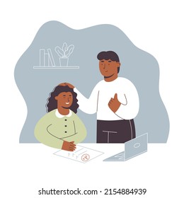 Happy father showing thumb up hand to praise smiling daughter. . Father helps little schoolgirl daughter with homework, praises, supports. Happy fathers day vector