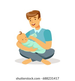 Happy father sitting on the floor with his baby and feeding it with milk bottle colorful vector Illustration