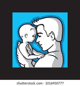 Happy father and small child together, portrait dad and kid. Man is holding a little baby in his arms - concept of a fathers day. Vector illustration. 