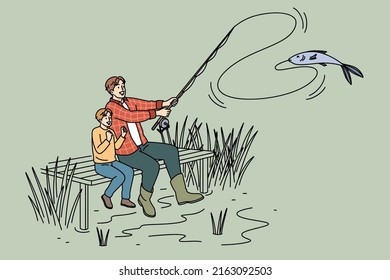 Happy father and small son sitting by water fishing together. Smiling caring dad spend weekend with little boy child enjoy outdoor activity, fatherhood concept. Vector illustration. 