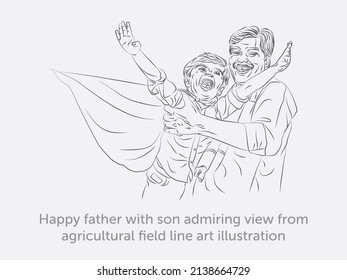 Happy father with son admiring view from agricultural field line art illustration