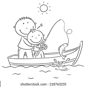 Happy Father And Son In The Boat, Fishing