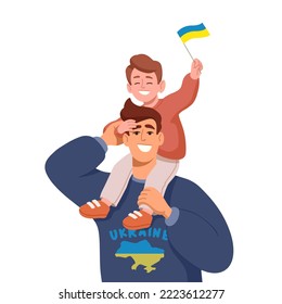 Fröhliches Vater-und Sohn-Konzept mit Ukraine-Flagge in Cartoon-Stil für Druck und Design. Vektorgrafik.