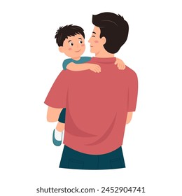 Happy father and son concept. Young positive father holding little son on hands. Father's Day. Vector illustration