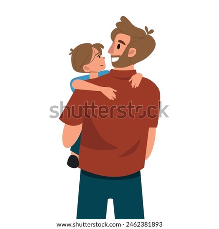 Happy father and son concept. Young positive father holding little son on hands. Father's Day. Vector illustration.