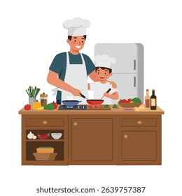 Happy Father and Son Cooking Together in the Kitchen, Preparing a Delicious Meal, Family Time, Culinary Skills, Teamwork, Bonding