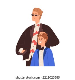 Happy father and son. Cool modern dad and kid. Funny fashion daddy parent and child together. Smiling older and younger brothers, sibling. Flat vector illustration isolated on white background