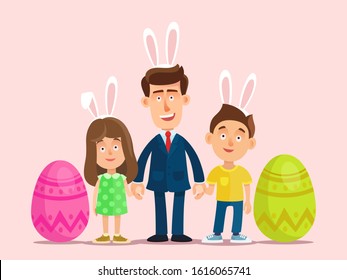 Happy father with son and daughter with bunny ears on heads, hold hands. Children greet dad from work to celebrate Easter. Vector illustration, flat design cartoon, isolated background.