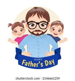 Happy father with a son and a daughter cartoon character vector. Happy Father's day card template design