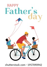 Happy father, son and daughter enjoy cycling. Father's day vector poster. Flat minimalist style illustration. Family leisure fun activity. Dad, kid boy, girl together Holiday card, banner background