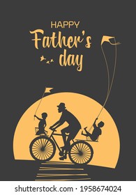 Feliz padre, hijo, hija disfrutando el ciclismo. Afiche vectorial del Día del Padres. Ilustración de estilo simple y minimalista. La diversión familiar. Papá, niño, niña juntos tarjeta de vacaciones, fondo del cartel