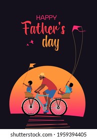 Happy father, son, daughter enjoy cycling. Fathers day vector poster. Flat bright color minimal style illustration. Family leisure fun activity. Dad, kid boy, girl together Holiday card background