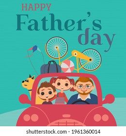 Happy father, son, daughter enjoy travel by car for outdoor activity. Fathers day  Holiday greeting card vector. Family leisure fun background. Dad, kid boy, girl together cute cartoon illustration