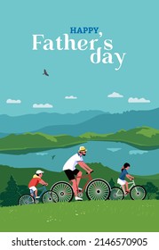 Happy father, son, daughter enjoy biking on mountain landscape vector poster. Dad, kids family together travel on nature outdoors flat color illustration. Fathers Day Holiday flyer, banner background