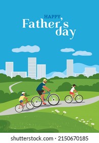 Happy father, son, daughter enjoy biking in city parkland landscape vector poster. Dad, kids family together enjoy nature outdoors flat color illustration. Fathers Day Holiday flyer, banner background
