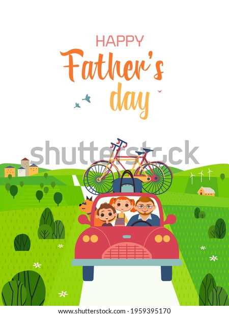 Happy father, son, daughter enjoy travelling
cute cartoon illustration. Fathers day vector poster. Family
leisure fun outdoor activity. Dad, kid boy, girl together Holiday
greeting card background