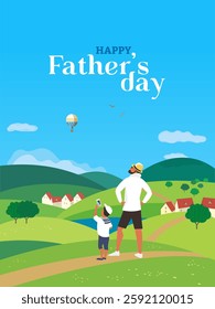 Happy father and son enjoy balloon flying. Fathers day poster. Family leisure activity on nature. Dad, kid boy together escape adventure. Holiday celebration memories background vector illustration