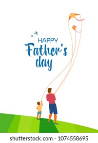 Happy father and son enjoy kiting. Father's day poster. Flat minimal simple style. Family leisure fun activity on nature. Dad and kid boy together. Holiday card, banner background. Vector illustration