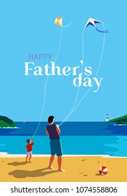 Happy father and son enjoy kiting on sea beach. Father's day poster. Family leisure fun activity on sand seashore. Colorful cartoon. Dad and kid boy together. Vector ocean seascape scenic background