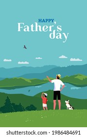 Fröhlicher Vater, Sohn genießen Berglandschaft Vektor Poster. Papa und Junge Familie zusammen Aktivitäten auf der Natur draußen flache Farbe Cartoon-Illustration. Vatertag-Feiertagsflyer, Banner-Hintergrund