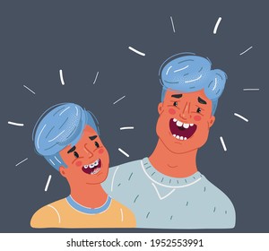 Happy father and son family portrait. Laughing son and dad. Fatherhood, family entertainment, children orthodontics, and dental care concept. Dark isolated background cartoon vector illustration