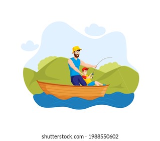 Happy father and son fishing in boat spending time together. Smiling family dad boy enjoying summer outdoor activity. Male parent teaching boy sharing hobby. Fisherman leisure in lake cartoon vector