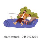 Happy father and son fishing together. Dad with his kid sits on pier, catches fish in river. Parent with child spend time at nature, angling. Flat isolated vector illustration on white background