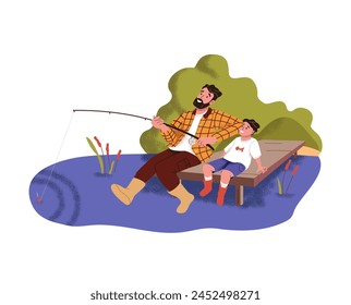 Happy father and son fishing together. Dad with his kid sits on pier, catches fish in river. Parent with child spend time at nature, angling. Flat isolated vector illustration on white background