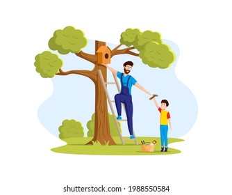 Feliz padre e hijo colgando pajarera en el árbol. Niño de papá de familia sonriente disfrutando de actividades al aire libre de verano. Actividad de fin de semana y al aire libre, vector de caricatura familiar amigable