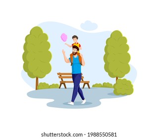 Happy father and son have fun in park, wears it around neck spending time together. Smiling family dad boy enjoying summer outdoor activity cartoon vector