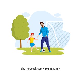 Happy father and son have fun in park, playing football on soccer field spending time together. Smiling family dad boy enjoying summer outdoor activity. Friendly family cartoon vector