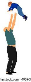 Happy father and son having fun throws up in the air vector illustration. Dad and boy closeness family. Fathers day. Family rest recreation. Urban lifestyle outdoor enjoy. Dad and kid entertainment.