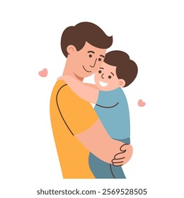 Happy father and son hugging and kissing. Cute flat illustration.