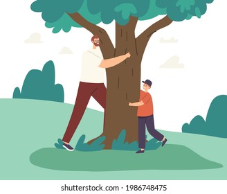 Happy Father and Son Hugging, Love Tree, Playing Hide and Seek and Run around. Family Characters Outdoor Recreation, Game, Dad and Little Boy Summer Time Activity. Cartoon People Vector Illustration