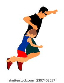 Happy father and son jumping holding hands vector illustration isolated. Parents time with son. Man and boy jump adventure outdoor. Fathers day. Happy family sport activity closeness . I love my dad.