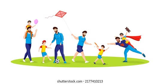 Happy father and son leisure outdoor summer activity set. Family spending time together fly kite and plane, building birdhouse, walking at park eating sweet cotton candy, playing football vector flat