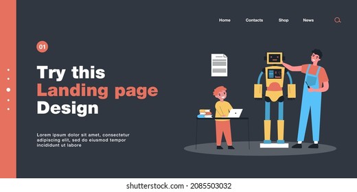 Happy father and son making robot together. Man with screwdriver, child programming machine on laptop flat vector illustration. Technology, education concept for banner, website design or landing page