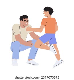 Happy father and son meeting hugging and spend time together. Cute family scene. Kid run to daddy. Flat vector cartoon illustration isolated on white background. Happy Fathers Day.