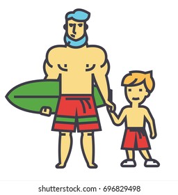 Happy father with son on vacation with surfing board concept. Line vector icon. Editable stroke. Flat linear illustration isolated on white background