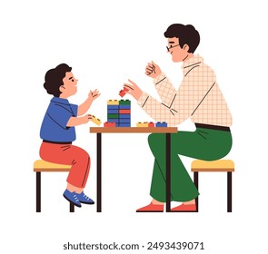 Happy father and son play with lego construction blocks. Cartoon family have fun build pyramid tower with bricks. Children education and entertainment vector flat illustration isolated on white