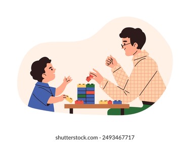 Happy father and son play with lego construction blocks. Cartoon family have fun build pyramid tower with bricks. Children education and entertainment. Vector illustration in decorative frame