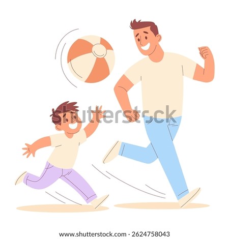 Happy father and son playing with a ball. Joyful family time, outdoor activity. Vector flat hand drawn illustration for parenting, childhood, family fun, Father's Day concept. Isolated background.