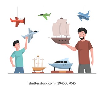 Happy father and son playing and collecting with toy airplanes and boats vector flat illustration. Boy and his dad holding planes and ships in hands. Different colorful jets and yacht collection.