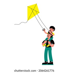 Fröhlicher Vater und Sohn, die Fliegenkitt spielen. Concept Banner Väter Tag Vektorgrafik