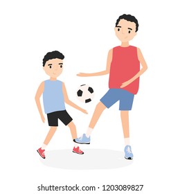 Happy father and son playing football. Dad and kid practicing soccer. Parent and child during sports game training. Adorable cartoon characters isolated on white background. Flat vector illustration.