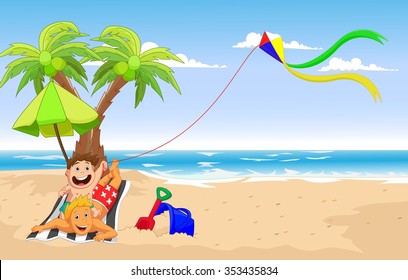 happy father and son playing kite on the beach