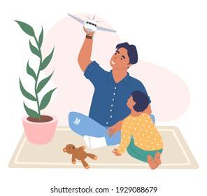 Happy father and son playing with plane toy together, flat vector illustration. Dad with kid spending time together. Parent child relationship, happy fatherhood and parenting.