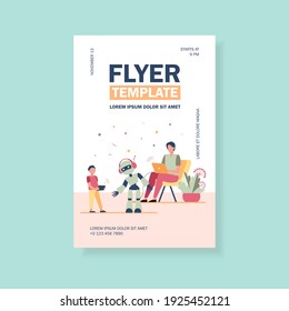 Happy father and son playing with robot. Laptop, kid, cyborg flat vector illustration. Robotics and digital technology concept for banner, website design or landing web page