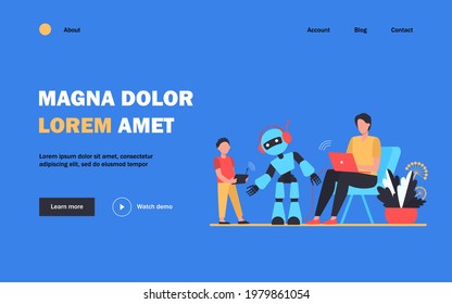 Happy father and son playing with robot. Laptop, kid, cyborg flat vector illustration. Robotics and digital technology concept for banner, website design or landing web page